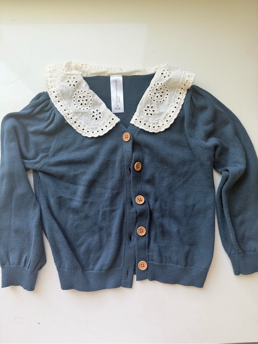 & Other Stories Girls Blue Knit Cardigan with White Eyelet Collar